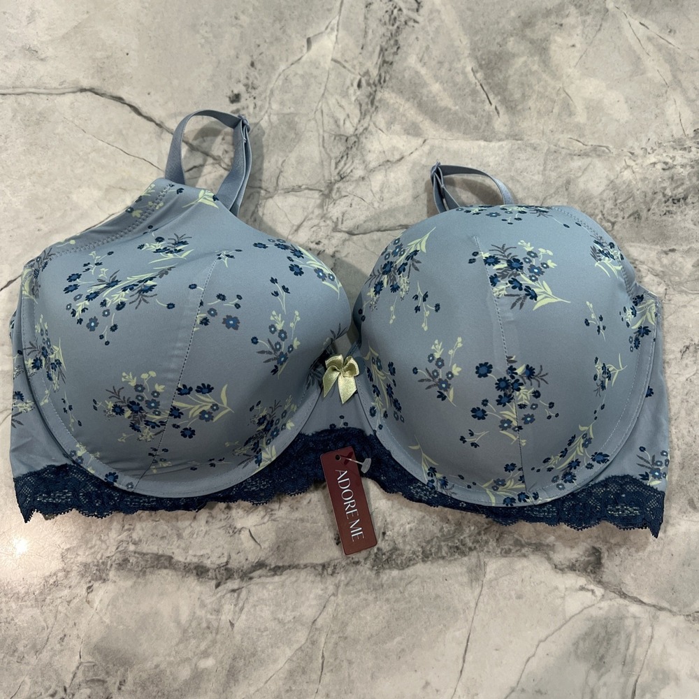 Adore Me Bra 38DD Push Up Plunge Underwire Blue Floral‎